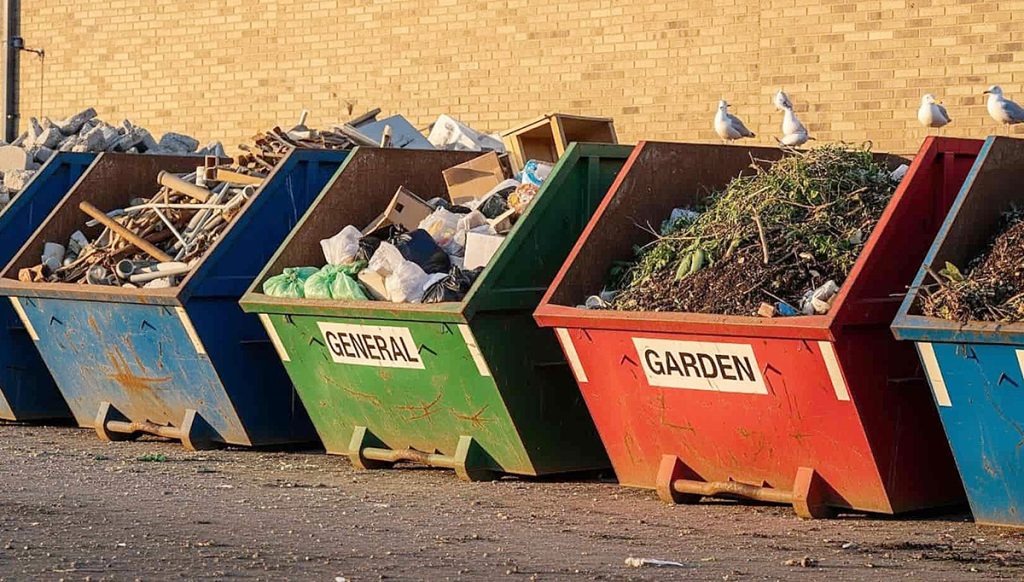 Several skip bins filled with assorted materials