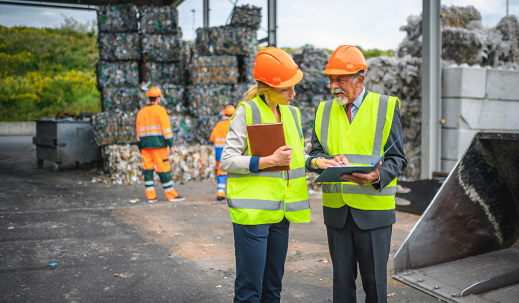 A man and a lady in high visible clothing at a rubbish sorting facility