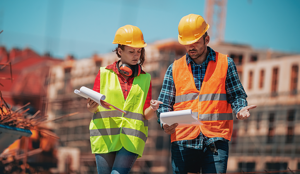 Business professionals discussing waste management at a construction site