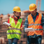 Business professionals discussing waste management at a construction site