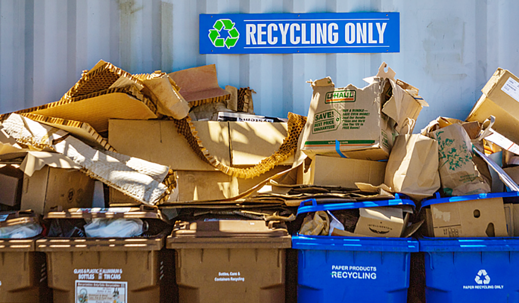 Cardboard and paper waste in recycling bins