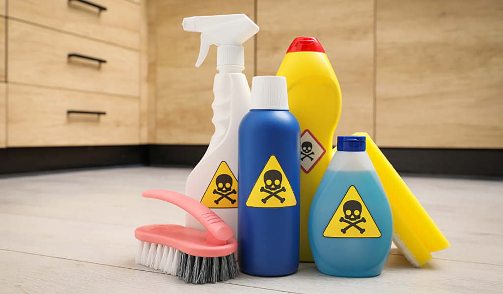 Household cleaning products with hazardous chemical warning labels beside cleaning brushes.