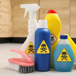 Household cleaning products with hazardous chemical warning labels beside cleaning brushes.